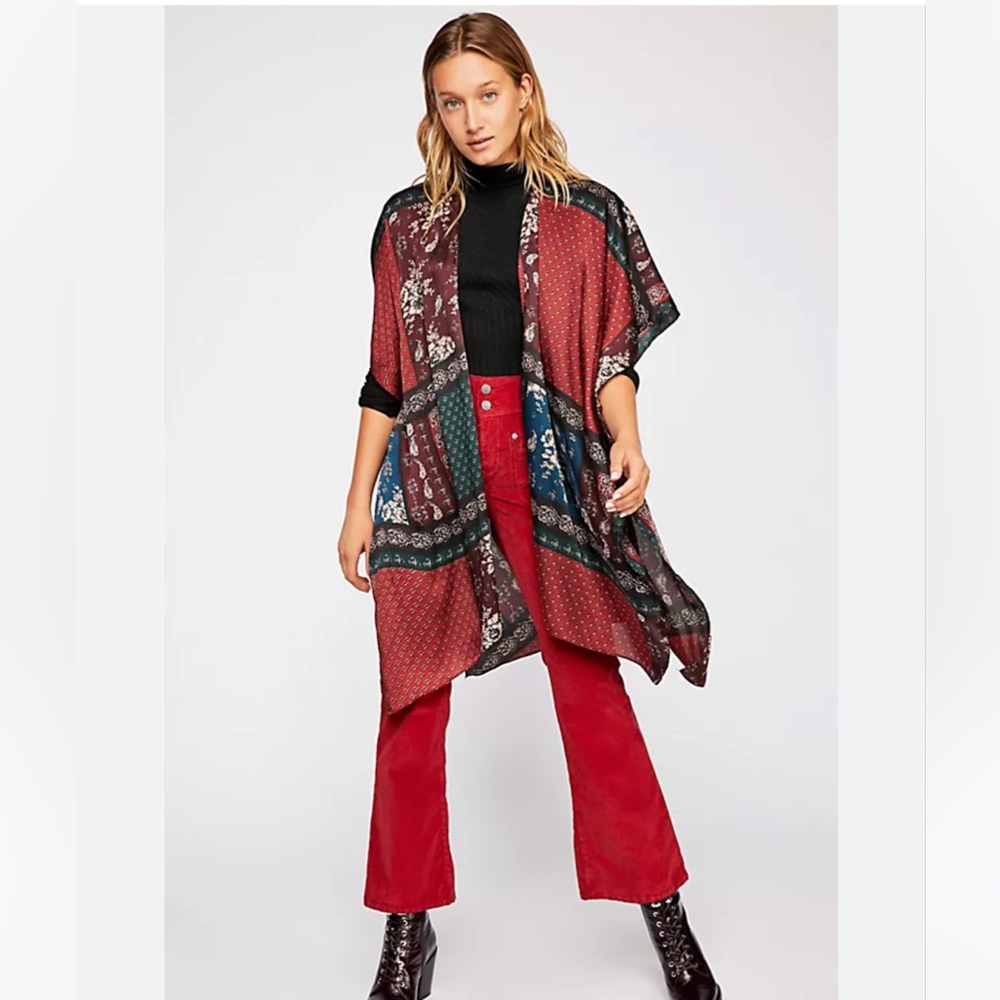 New Mon Cherry Silky Patchwork Kimono, One Size - image 1